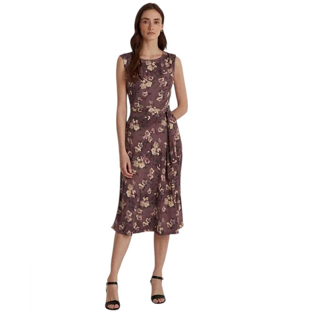 LAUREN RALPH LAUREN Floral Prunted Belted Purple Midi Dress  Size‎ 0